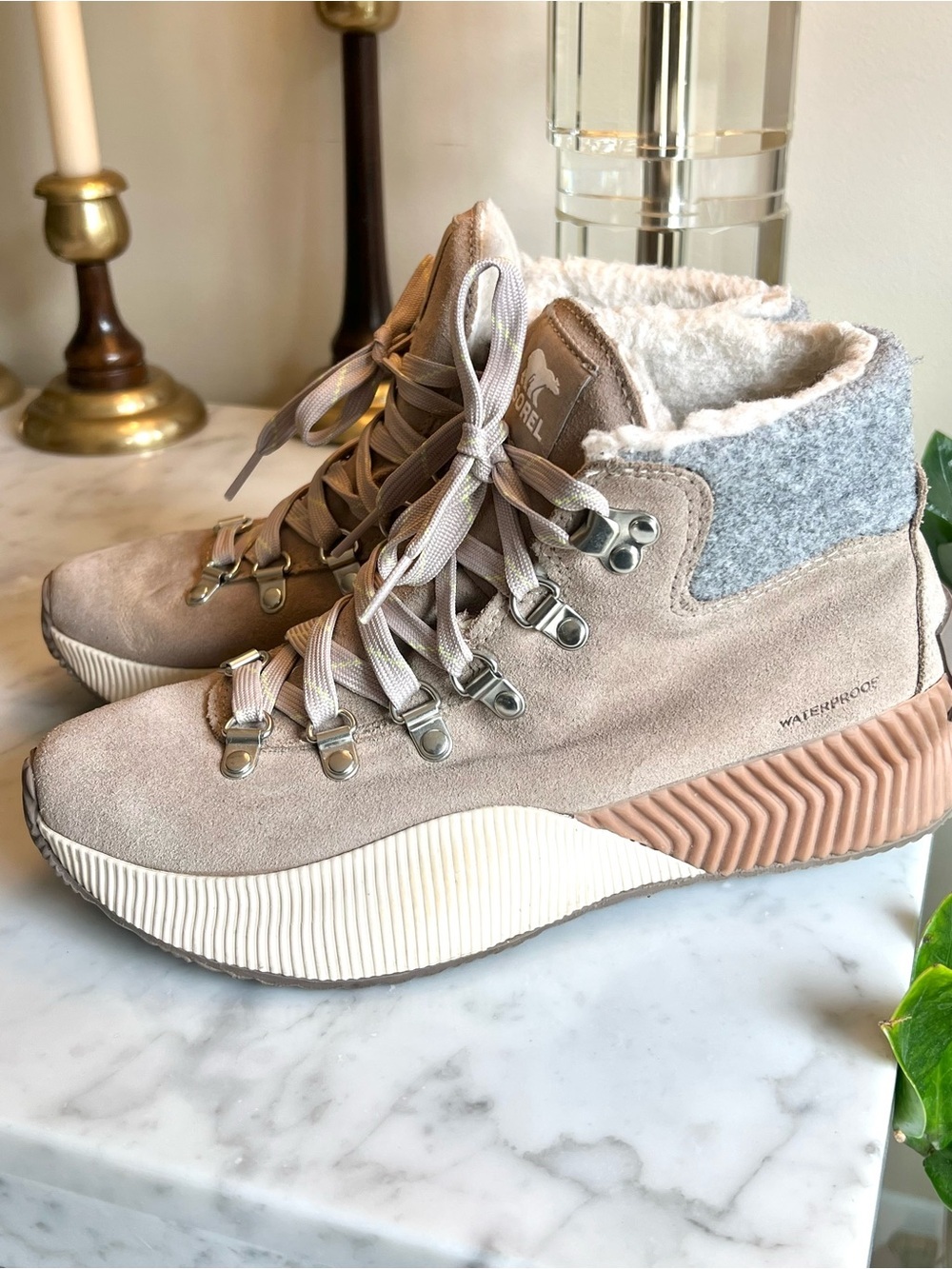 Sorel Taupe Suede Lace-Up Waterproof Ankle Boots with Cream Shearling Collar